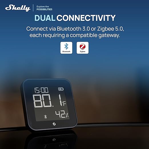 Shelly BLU H&T Display ZB Black, Bluetooth & Zigbee Operated Temperature & Humidity Levels Sensor, E-Paper Display, Home Assistant, Alexa, Google Home, Real-Time Monitoring, Long-Life Battery - Image 2