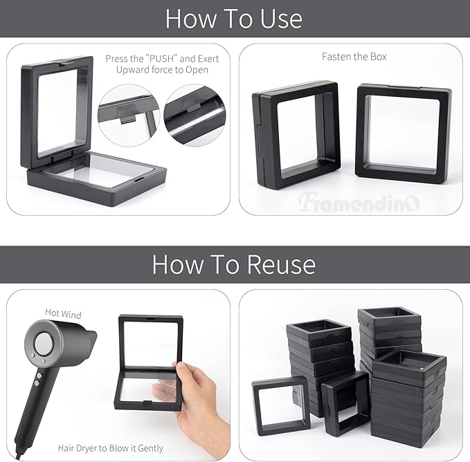 Framendino, 20 Pack Black 3D Floating Frame Display Case Challenge Coin 2.8x2.8x0.8 Holder Stands Jewelry Storage Box for AA Medallion Shells Gems - Image 5