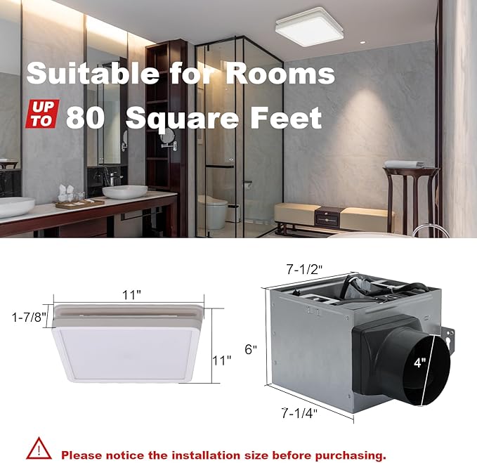 Akicon Bathroom Exhaust Fan with Light, 80CFM 2.0 Sones Exhaust Fan for Bathroom Ceiling, 15W Dimmable 3CCT LED Shower Lights & 3.5W Nightlight Vent Fan for Home, Square, White - Image 5