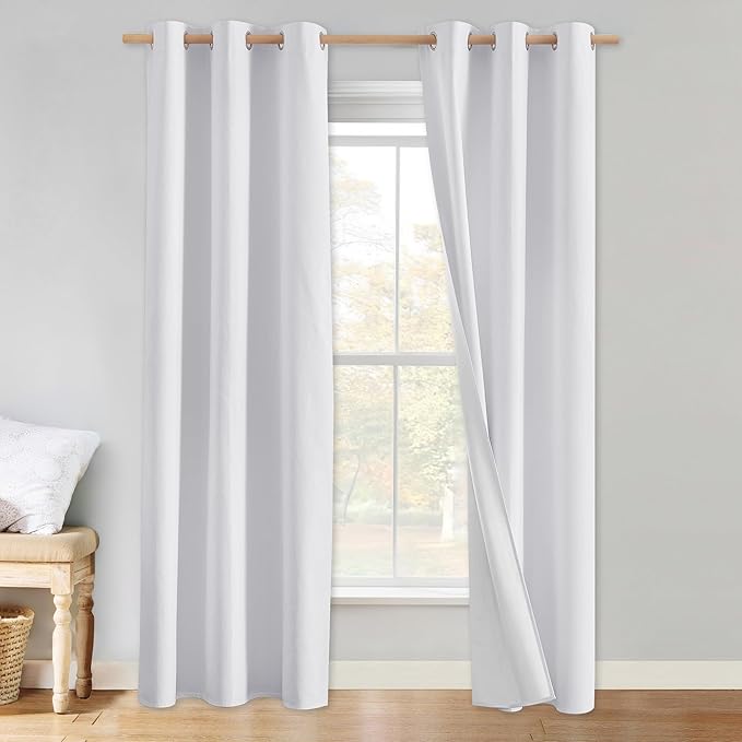 NICETOWN 100% Absolutely Blackout Linen Curtains with Thermal Insulated White Liner, White, 34 inches Wide, 90 inches Length Energy Saving Curtains for Living Room 2 Panels Set, Vertical Blinds by NICETOWN