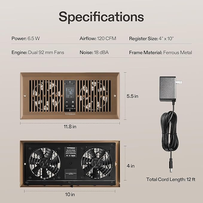 VIVOSUN Quiet Register Booster Fan for "  " Holes, Cooling Heating Vent Fan with 10-Speeds App Control &Adjustable Wind Direction, Thermostat Control for Bedroom, Bathroom &Attic, Brown - Image 8