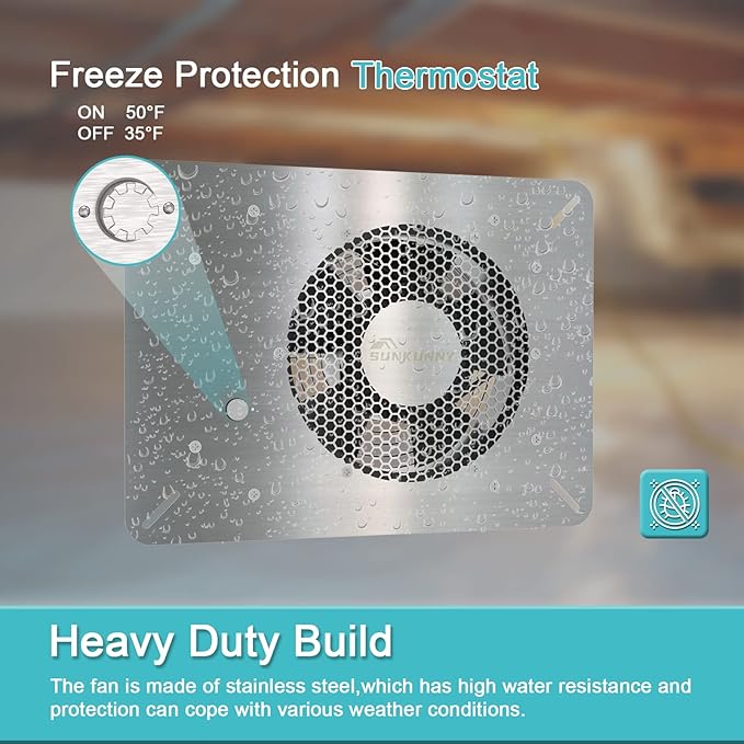 Stainless Steel Crawl Space Vent Fan - 570 CFM Air Out Ventilation Fan with Humidistat Dehumidistat, IP55 Exhaust Fan with Metal Fan Cage for Crawlspace Foundation Basements Garage Attic - Image 2