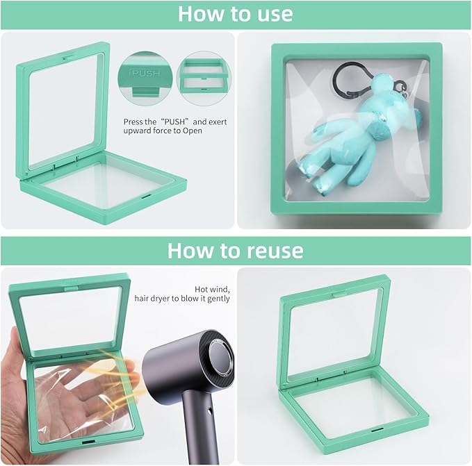 20 Pcs 3D Floating Display Case 4.3x4.3x0.8inch, Challenge Coin Display,Transparent PE Jewelry Storage Box,Floating Display Holder Stands for Antique Challenge Coins Medallion Stamps(Blue Green White) - Image 4