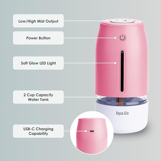 Aqua Glo Personal, Portable Humidifiers for Bedroom – Ultrasonic Cool Mist Humidifier with Built In Rechargeable Battery. Air Humidifier for Baby, Plants, Home, Office, Travel. Rose Quartz - Image 3
