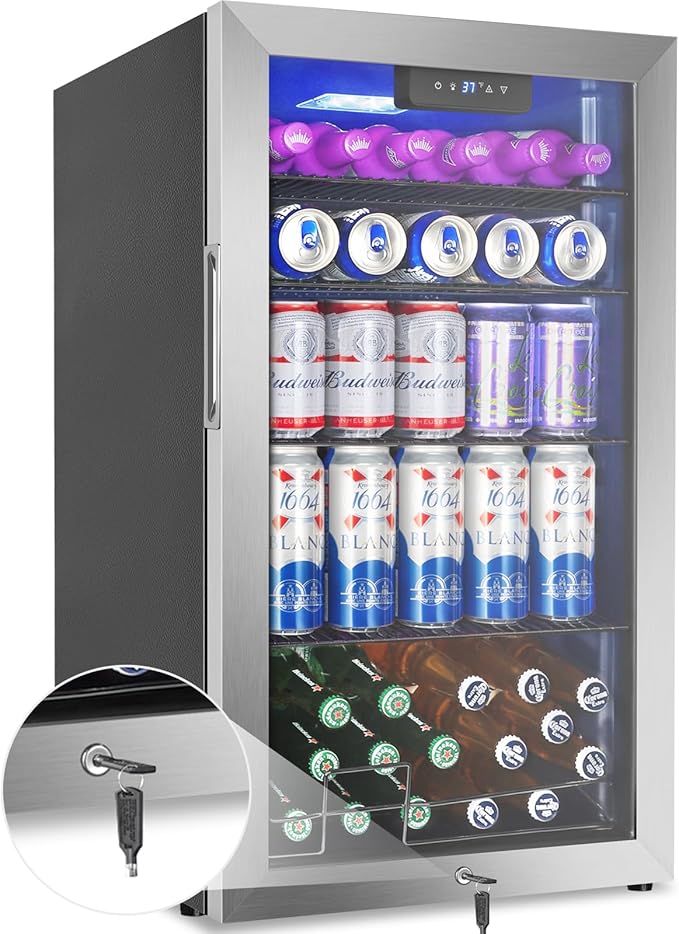 128 Cans Beverage Refrigerator Cooler, 3.2 Cu.Ft Mini Drink Fridge Glass Door for Drink Beer Soda Wine, Beer Fridge with 4 Removable Shelves for Kitchen Bedroom, Office Bar Gaming Room,Stainless Steel by Velieta-SpecialistinFridge