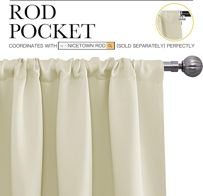 NICETOWN Bedroom Curtains for Kids Room, Window Treatment Thermal Insulated Solid Room Darkening Drape Panels for Girls Room (Beige, Set of 2, 34 inches Width by 63 inches Length) - Image 3