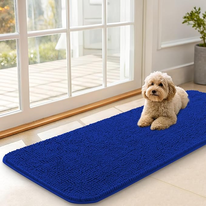 OLANLY Dog Door Mat for Muddy Paws 47x17, Absorbs Moisture and Dirt, Absorbent Non-Slip Washable Doormat, Quick Dry Chenille Mud Mat for Dogs, Entry Indoor Entryway Carpet for Inside Floor, Royal Blue by OLANLY