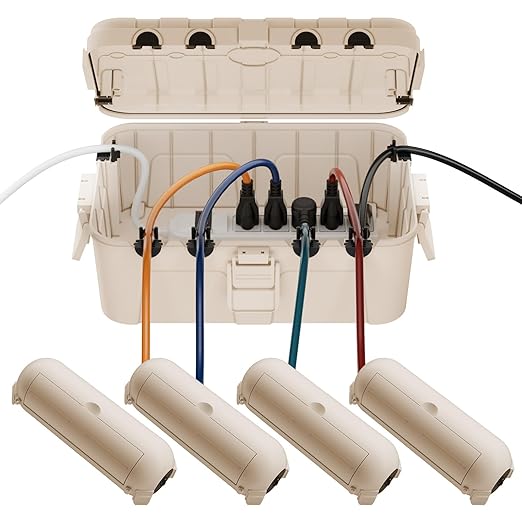 RESTMO 5-Piece Outdoor Waterproof Electrical Box Set – 12.5" x 8.5" x 5" Large & 7.1" x 2.3" x 2.3" Small, Weatherproof Boxes for Power Strip, Outlet, Plug, Socket, Timer, Holiday Light, Almond by Restmo