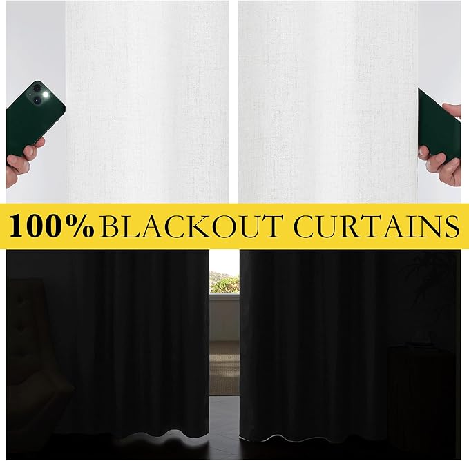 NICETOWN 100% Absolutely Blackout Linen Curtains with Thermal Insulated Liner, Greyish White, 42" Wide, 84" Length Energy Saving Curtains for Living Room 2 Panels Set, Vertical Blinds - Image 4