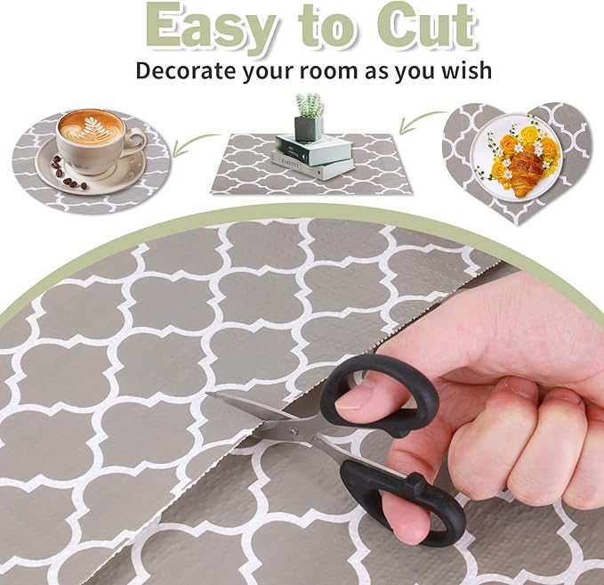Drawer and Shelf Liner for Kitchen Cabinet: 12 in X 20 Ft Non Slip Waterproof Shelf Paper Non Adhesive Refrigerator Liners Gray Quatrefoil Easy Liners for Bathroom Cupboard with Knife Tape Measure - Image 4