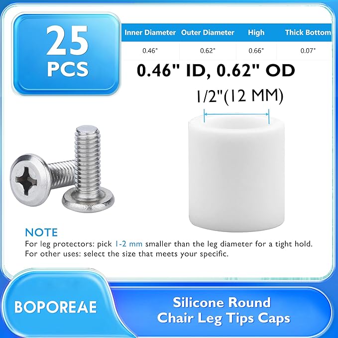 25 Pcs 1/2"(12 mm) Round Chair Leg Tips Caps, Silicone Rubber Furniture Leg Floor Protectors, Reduce Noise Folding Metal Chair Leg Cap Replacement for Bar Stool Leg Patio Indoor, White - Image 9