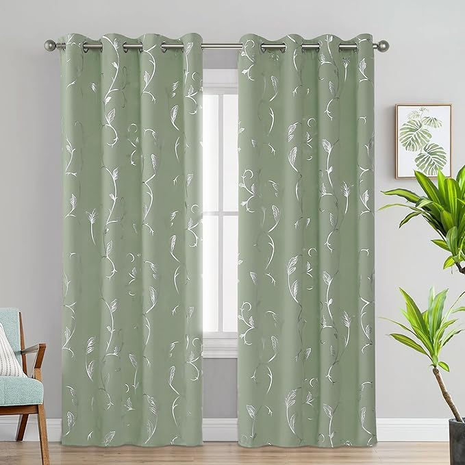 BUHUA Blackout Curtains Silver Foil Print Flower Vine Grommet Drapes, Room Darkening Thermal Insulated Curtains, Noise Reducing Curtain for Bedroom, Sage Green, 52Wx72L, 2 Panels - Image 2