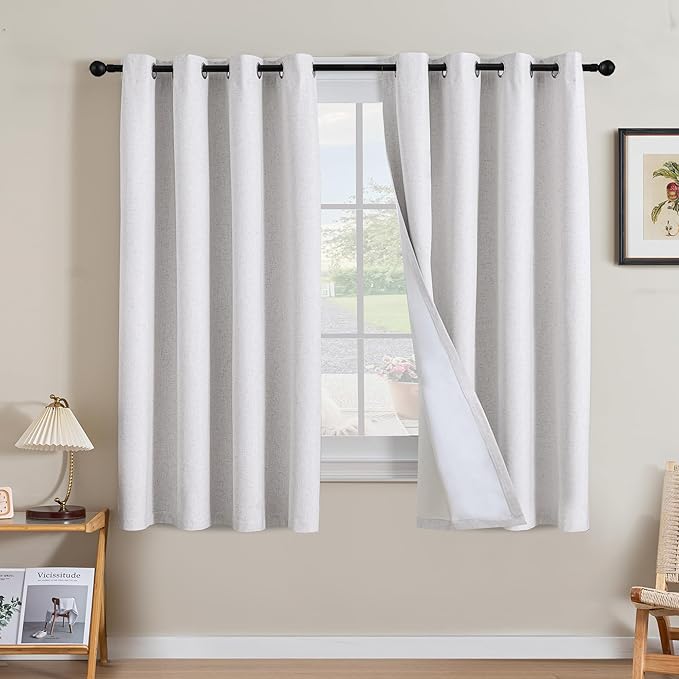 H.VERSAILTEX Linen Curtains 100% Blackout Curtains for Bedroom 63 inch Long Full Light Blocking Nature Linen Blended Window Curtains for Living Room Nickel Grommet (2 Panels, Heathered White) by HVERSAILTEX