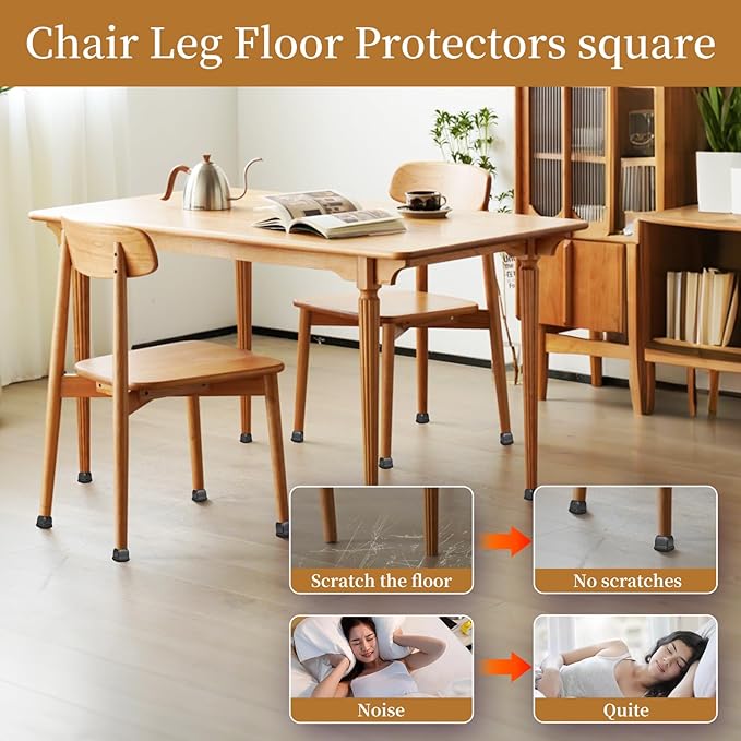 Square Chair Leg Floor Protectors Large 24Pcs,Silicone Chair Leg Protectors for Hardwood Floors/Tiles,Black 360°Wrapped Felt Bottom to Prevent Scratch and Reduce Noise - Image 5