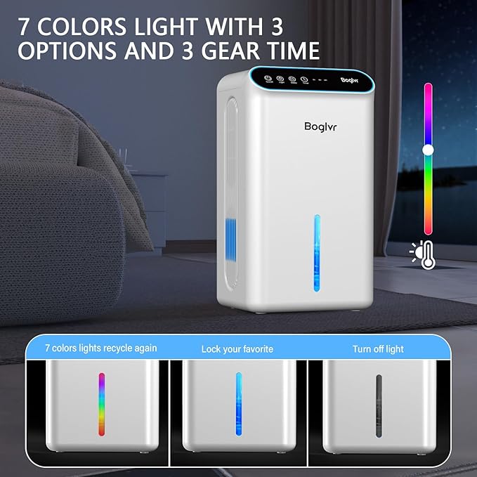 Dehumidifiers, Dehumidifier for Home (85 OZ, 800 sq.ft) Quiet Small Dehumidifier for Bedroom Bathroom Basement with Drain Hose, 3 Gear Timer, Sleep Mode, Auto Shut Off, 7 Color Ambient Light - Image 6