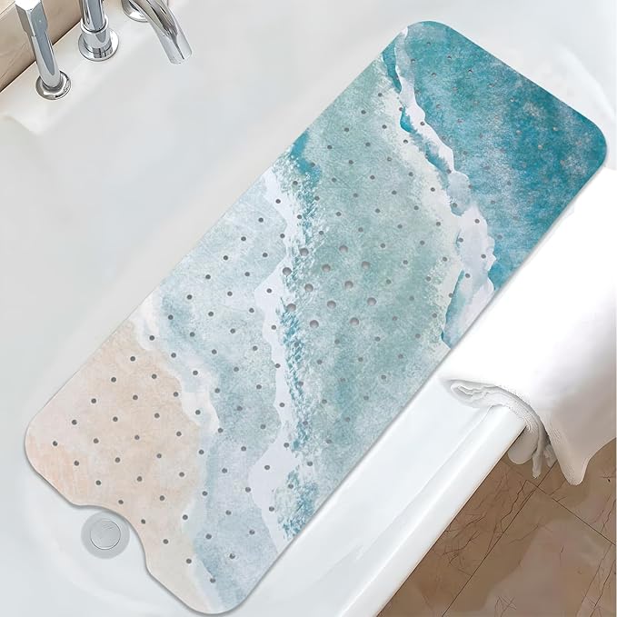 Beach Bathtub Mat Non Slip, Baby Bath Mat for Tub Rubber Tub Mat, Kids Bath Mats for Bathroom Ocean Waves Anti Slip Shower Mat with Suction and Drain Holes Machine Washable, 40″X16″ by Unknown
