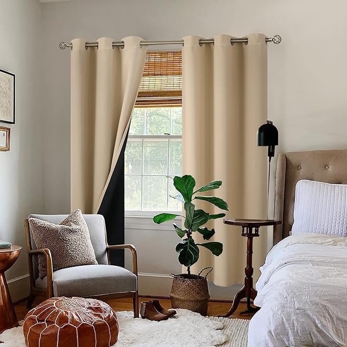 BGment Thermal Insulated 100% Blackout Curtains for Bedroom with Black Liner, Double Layer Full Room Darkening Noise Reducing Grommet Curtain (38 x 84 Inch, Beige, 2 Panels) - Image 2
