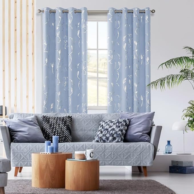 BUHUA Blue Blackout Curtain 2 Panel Set Silver Vine Foil Print Thermal Insulated Drapes Room Darkening Curtains Grommet Window Treatment, 52 x 96 Inch, Light Blue - Image 2