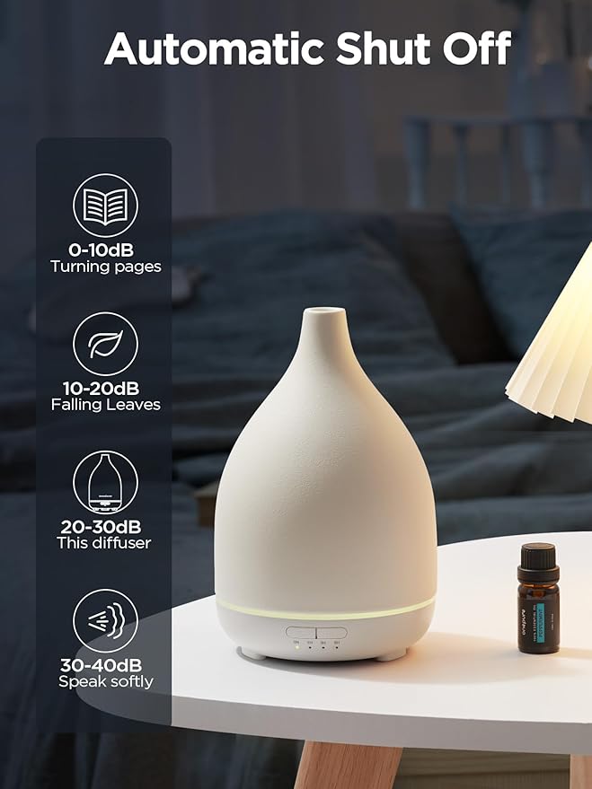 InnoGear Oil Diffuser, 300ML Ceramic Diffuser for Essential Oils Handcrafted Aromatherapy Diffuser Ultrasonic Cool Mist Humidifier with 4 Timers Waterless Auto Off for Room Office, White Base - Image 7
