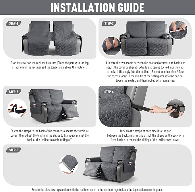 TAOCOCO 100% Waterproof Recliner Cover, Non-Slip Washable Reclining Couch Cover with Elastic Leg Straps, Furniture Protector for Dogs (Charcoal Gray, 2 Seater) - Image 7