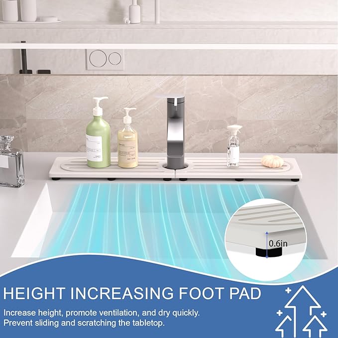 Faucet Mat for Kitchen Sink, Water Absorbent Kitchen Faucet Mat, Durable Sink Splash Guard with Raised Feet, Diatomite Fast Drying Kitchen Sink Faucet Mat, Bathroom Stone Drying Tray for Counter - Image 9