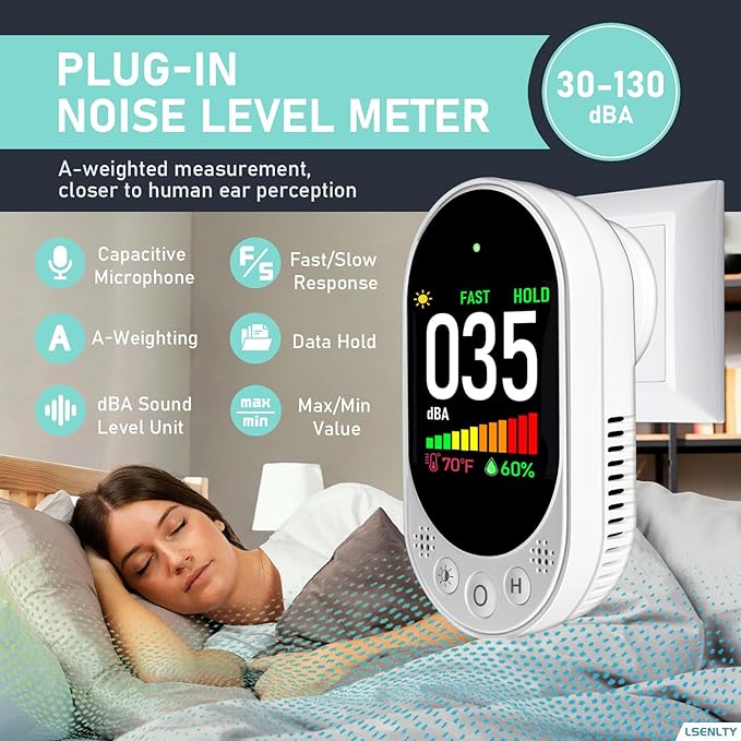 Decibel Meter Plug-in Wall, 30-130dB Sound Level Meter, Data Hold&Max/Min&Fast/Slow Response 3-in-1 Noise Detector(TEM&Humidity), A-Weighted Noise Measuring Device for Classroom Home Library - Image 2
