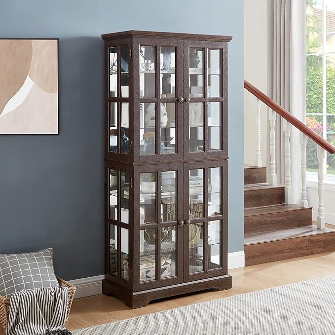 Lighted Glass Curio Cabinet with Lights & Adjustable Shelves,Curio Display Cabinet with Wood Frame & Glass Door,Corner Antique Display Case for Kitchen,Living Room,Office by Unknown