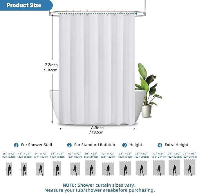 2-in-1 Waterproof Fabric Shower Curtain - No Separate Liner Needed, Hotel-Style Waffle Weave, Effortless Cleaning & Washable Bathroom Shower Curtain Set,72Wx72H,White - Image 3