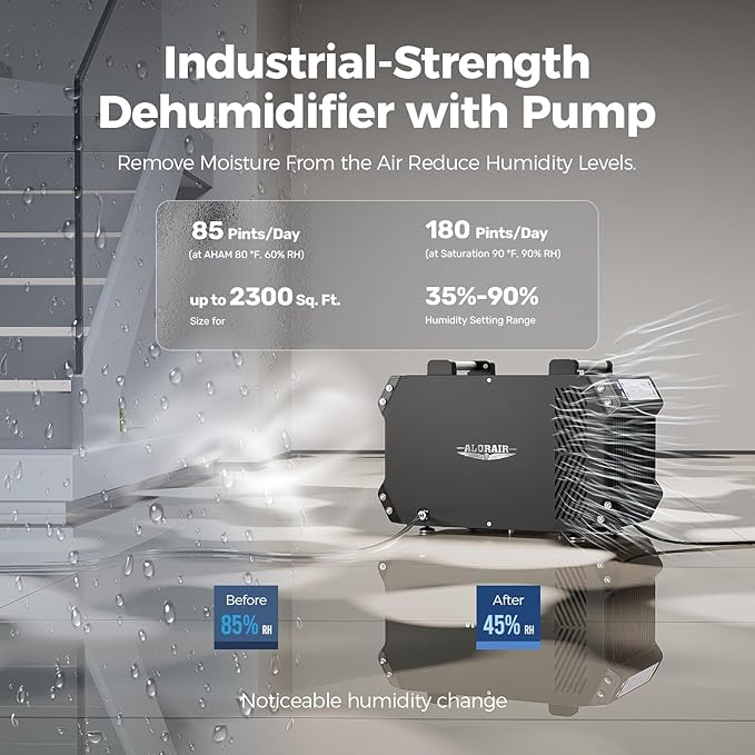 ALORAIR Crawlspace Dehumidifiers with Pump, 180 Pint Commercial Dehumidifier for Basements with Drain Hose, 2,300 Sq.Ft Auto Defrost Industry Crawl Spaces Dehumidifier - Image 4