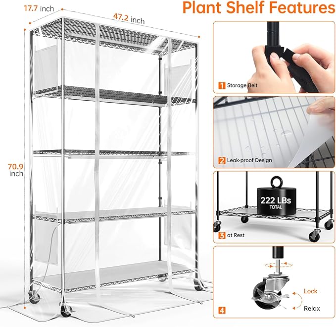 Bstrip Indoor Greenhouse with Grow Light, 5 Tier 47.2"x17.8"x71" Metal Shelf Portable Greenhouse for Winter with 4 Pack 3 Color Modes Plant Lights, Timer & Cover for Indoor Plant, Seed Starting Trays - Image 6
