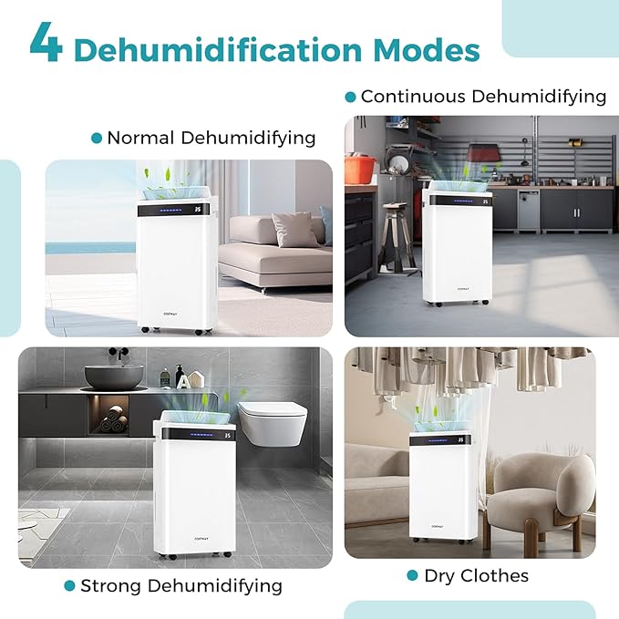 COSTWAY 4,500 Sq. Ft Dehumidifier for Basement, 3-Color Humidity Indicator, Dry Clothes Mode, 12" Drain Hose & Wheels, 57 Pint/Day Dehumidifier for Large Room (White&Black) - Image 3