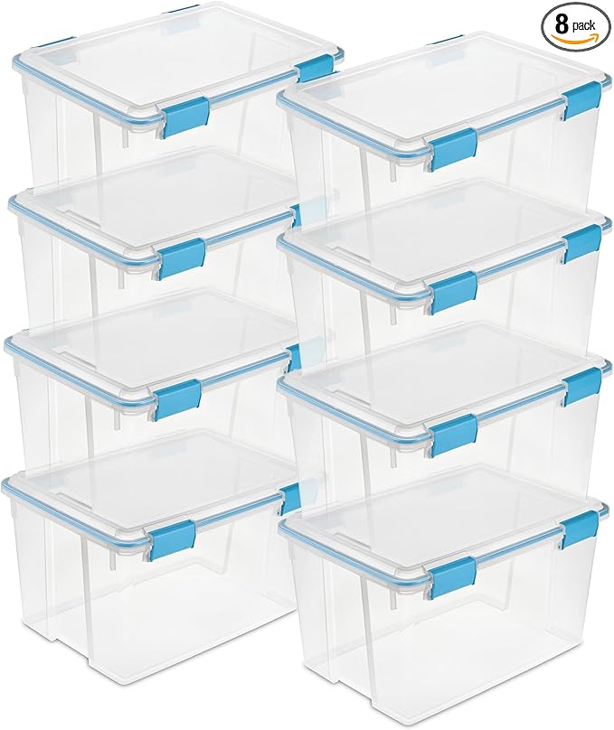 Sterilite 8-Pack Gasket Box, Weather-Resistant Storage Bins with Latching Lids, 54 Quart - Heavy-Duty Organizing Containers for Closet, Bathroom, and Office by Sterilite