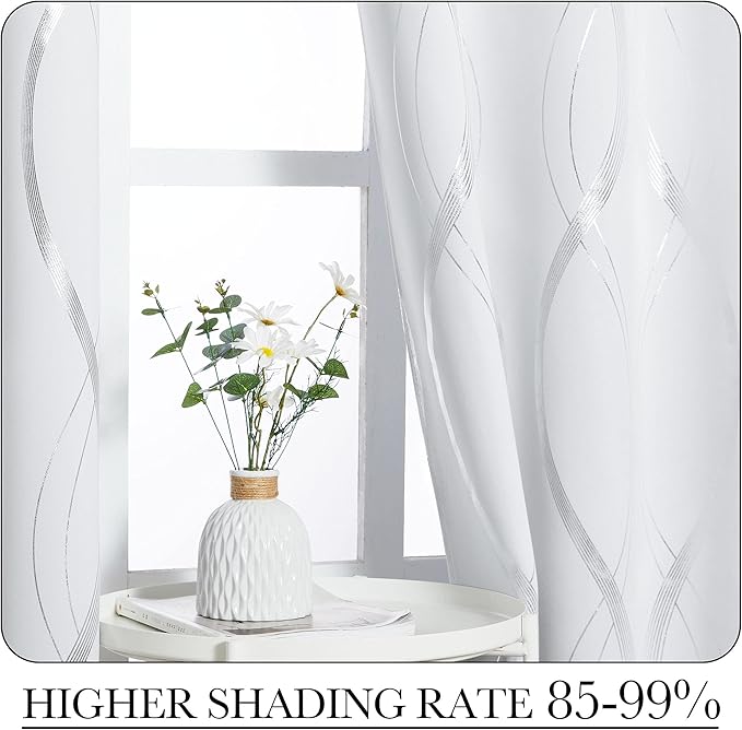 NICETOWN Greyish White Room Darkening Cafe Curtain Panels, 42" Wide x 48" Long, Window Treatment Thermal Insulated Grommet Wave Line Printed Drapes for Kitchen, 2 Pieces - Image 3