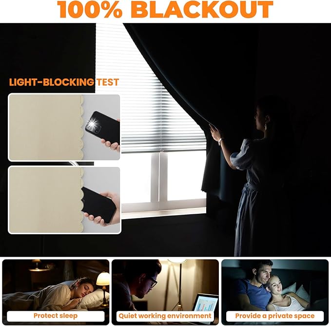 Adhesive Curtain 100% Blackout No-Drill Easy Install for Bedroom Blinds Light Blocking (Beige-47 W x 84" L-1P) - Image 3