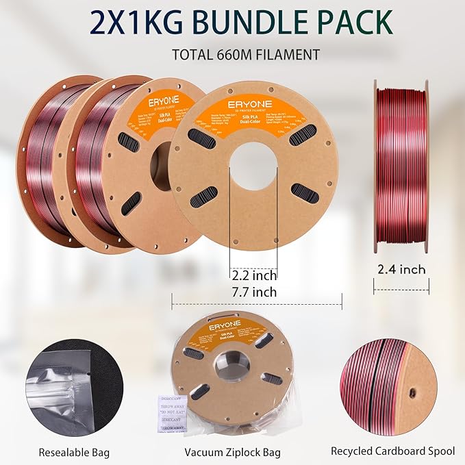 ERYONE Silk Dual Color PLA Filament 3D Printer 1.75mm +/- 0.03mm, Bicolor Filament Two Tone PLA Bundle 2KG Cardboard Spool, Black Red - Image 6