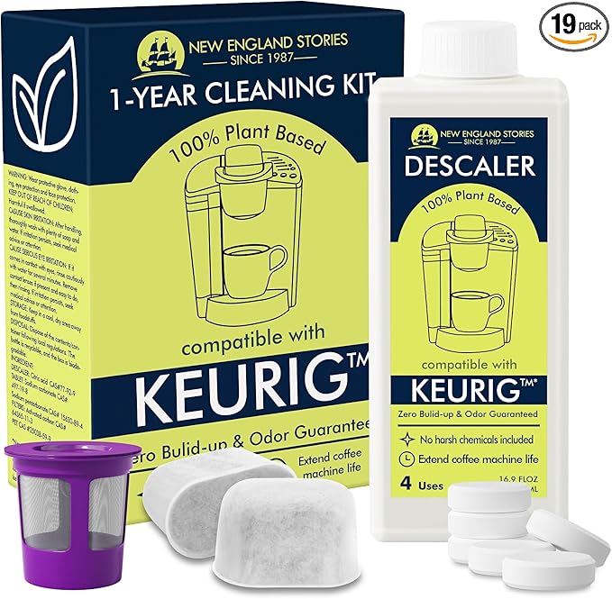 New England Stories Keurig Compatible Descaling Set, 1 Year Cleaning & Maintaining Set, Includes 1 Bottle of Descaler (4 Uses), 12 Cleaning Tablets, 1 Reusable Pod and 6 Water Filters by NewEnglandStories
