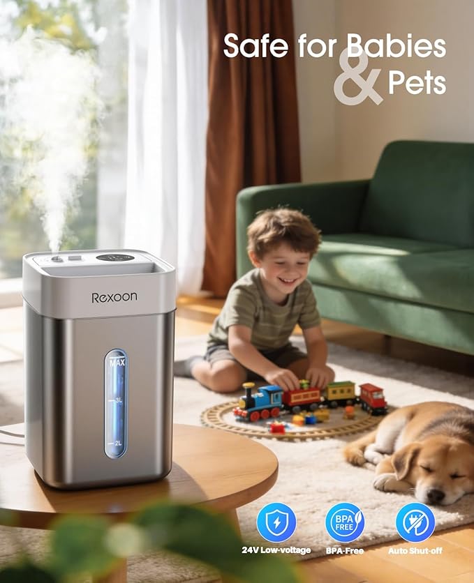 4.6L/1.2Gal Stainless Steel Humidifier for Bedroom, Top Fill Ultrasonic Cool Mist Humidifier Dishwasher Safe, Ultra-Low Noise, Sleep Mode, Humidifiers for Baby Nursery, Office & Indoor Plants - Image 5