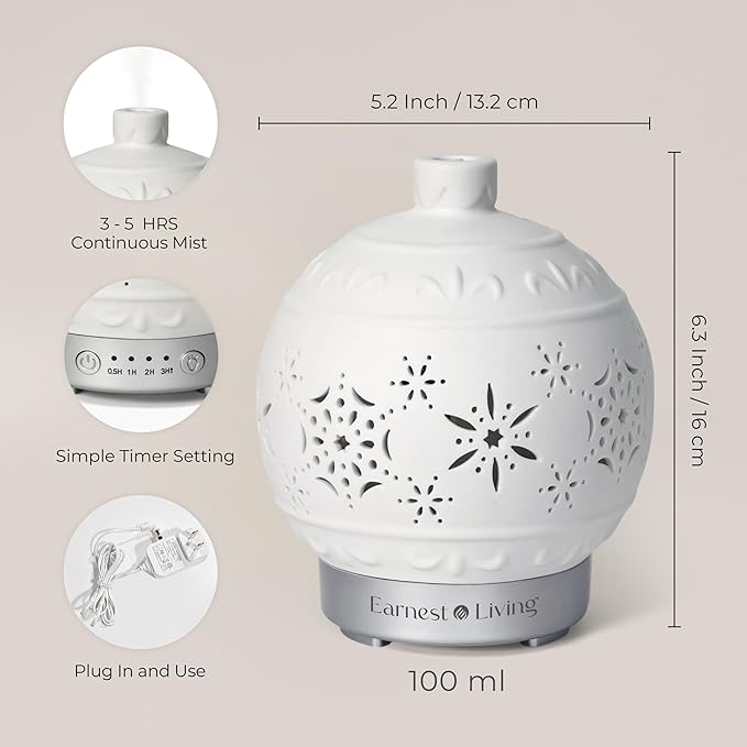 Earnest Living Christmas Ball Essential Oil Diffuser White Ceramic 100 ml Diffuser Home Décor, 7 Color Lights, Timers, Auto Off Cool Mist Humidifier Aromatherapy Diffuser - Image 2