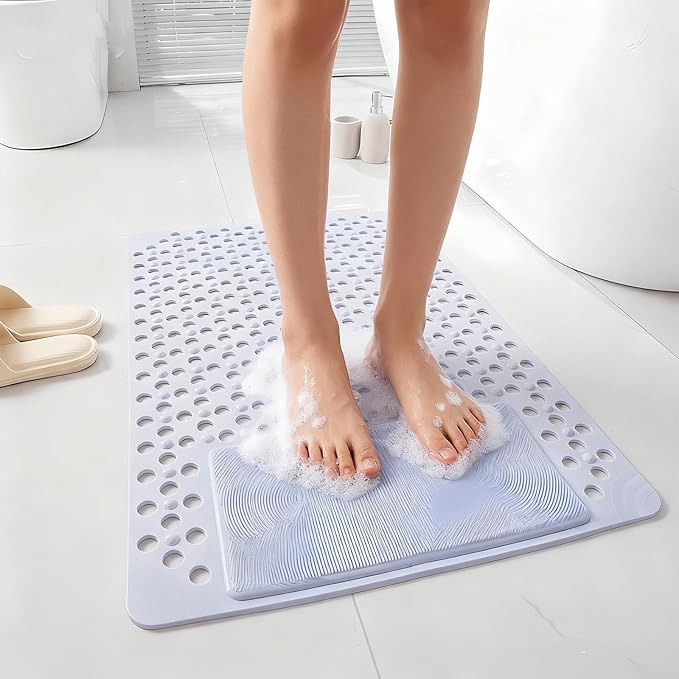 Bath Tub Shower Mat with Soft Shower Foot Scrubber Mat for Massage,Non Slip Bathtub Mat with Strong Suction Cups, Silicone Shower Foot Scrubber Mat (Dusty Blue, 31.5" X 19.7"(Rectangular)) by MERLEU