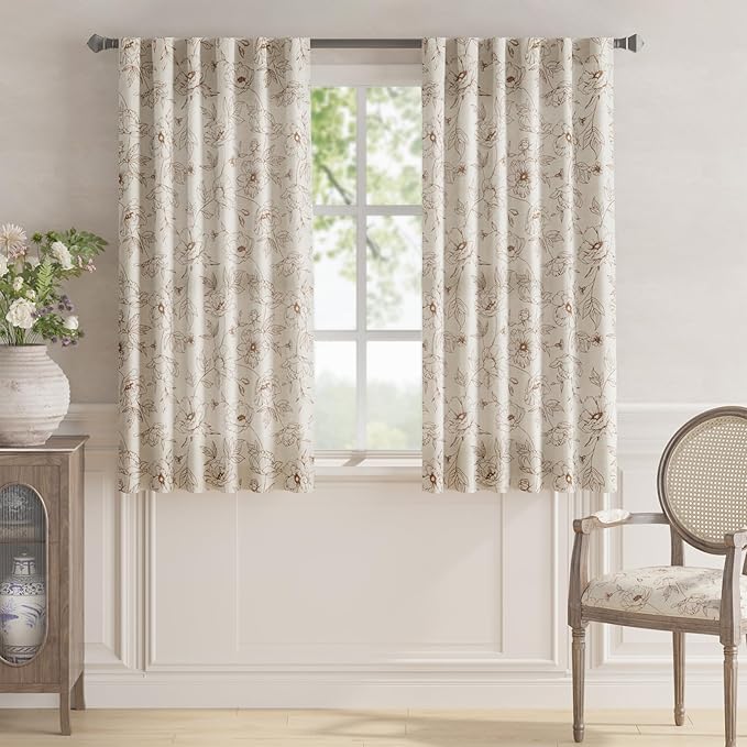jinchan Floral Linen Curtains for Living Room 63 Inch Length Brown Flower Curtain Rod Pocket Back Tab Farmhouse Curtains with Printed Floral Bedroom Window Curtain Set, 2 Panels Brown - Image 2