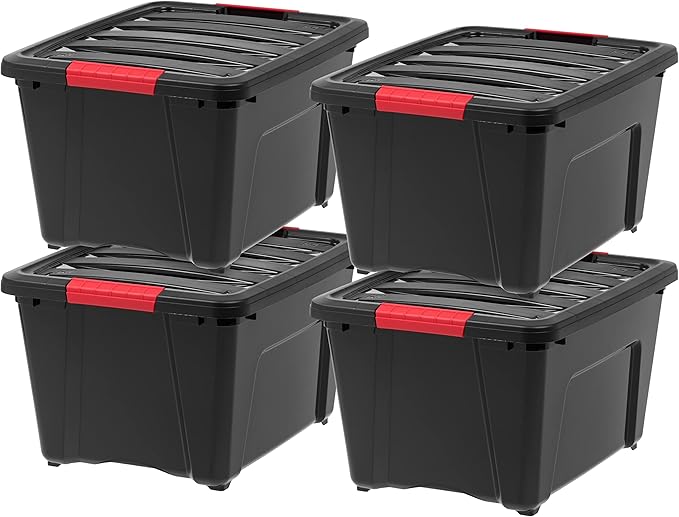IRIS USA 30 L (32 QT) Plastic Storage Box with Lid and Latches - 4 Pack - BPA-Free, Garage Organizing Solution, Durable Nestable Stackable Containers, Secure Pull Handle - Black by IRISUSA