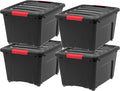IRIS USA 30 L (32 QT) Plastic Storage Box with Lid and Latches - 4 Pack - BPA-Free, Garage Organizing Solution, Durable Nestable Stackable Containers, Secure Pull Handle - Black by IRISUSA