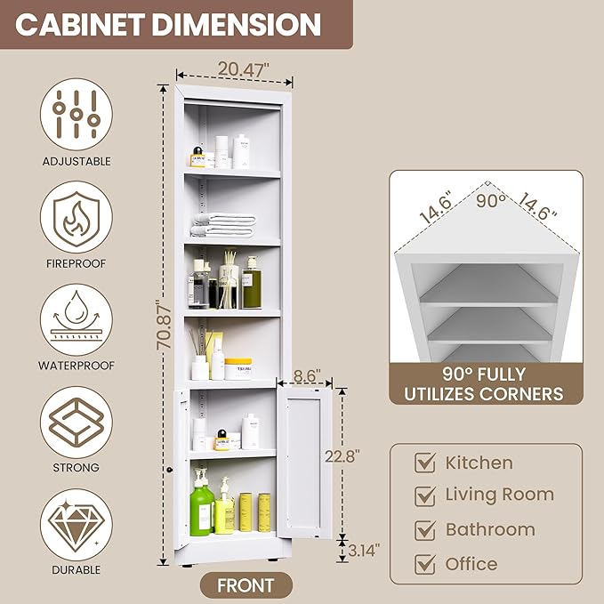 Metal Pantry Storage Cabinet with 4 Adjustable Shelves, 71" Tall Corner Cabinet for Bathroom, Corner Shelf Cabinet for Kitchen, Dining Room, Living Room, Assembly Required(White) - Image 2