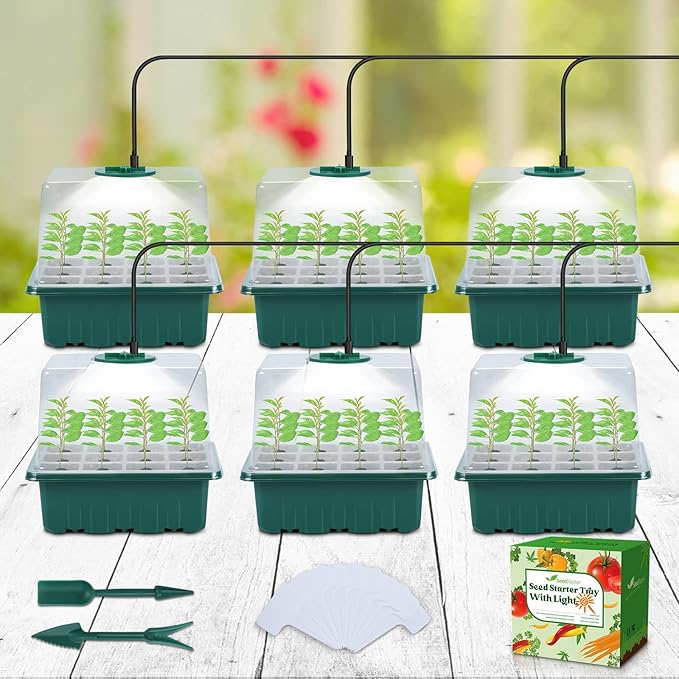 Seedfactor Seed Starter Tray with Light, 6PCS Seed Starter Kit with Grow Light, Seedling Starter Trays with Humidity Domes, Covers Height 3.9", Indoor Gardening Plant Germination Trays by Seedfactor