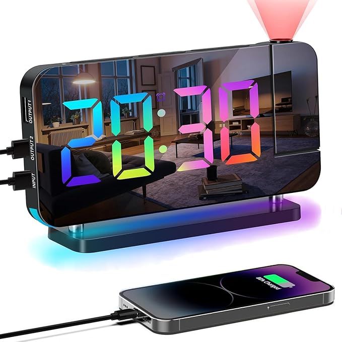 Projection Alarm Clock for Bedroom Ceiling,RGB Digital Clocks Radio with 10 Colors RGB Night Light,Loud Alarm Clock for Heavy Sleepers,USB C Charger Port,Snooze,12/24H,Auto Dimming by Hanaix
