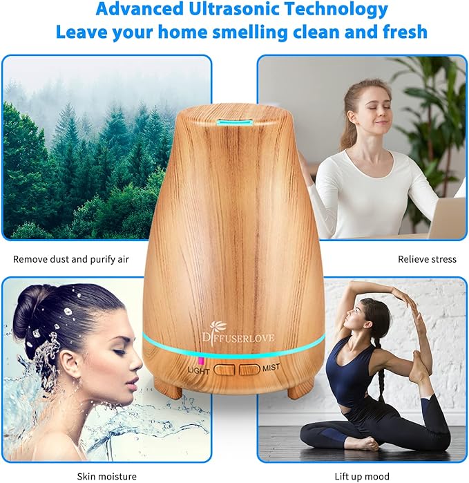 Diffuserlove Essential Oil Diffusers 200ML Diffuser Remote Control Aromatherapy Diffuser with 7 Color Lights, Auto Shut-Off for Bedroom Office Kitchen (Yellow Wood Grain) - Image 4
