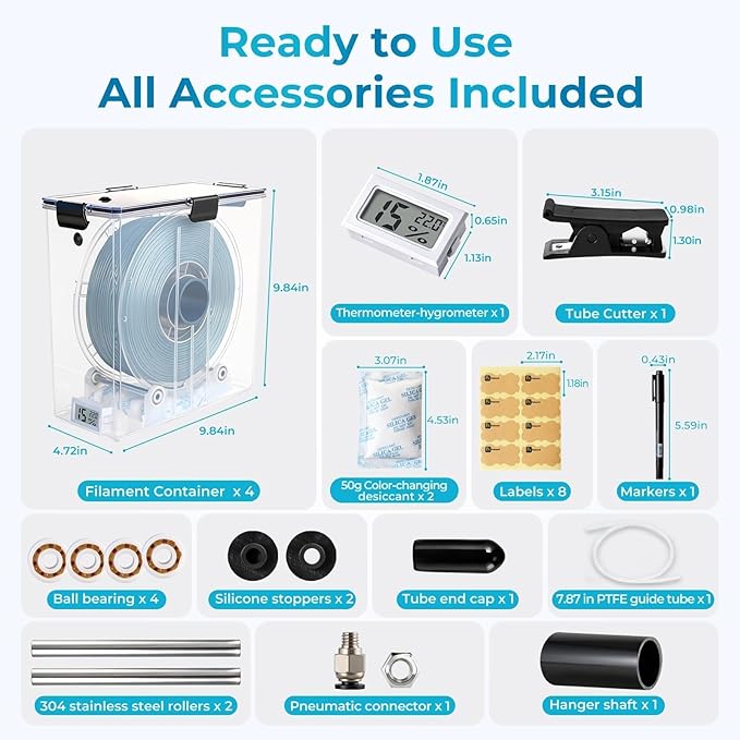 Filament Storage Box for 3D Printer, Dual-Outlet Airtight Dry Box with Ball-Bearing Spool Holder, Desiccant Dehumidifying Keeper for PLA PETG, Moisture-Proof Container with Tube Sealing Cap - Image 3