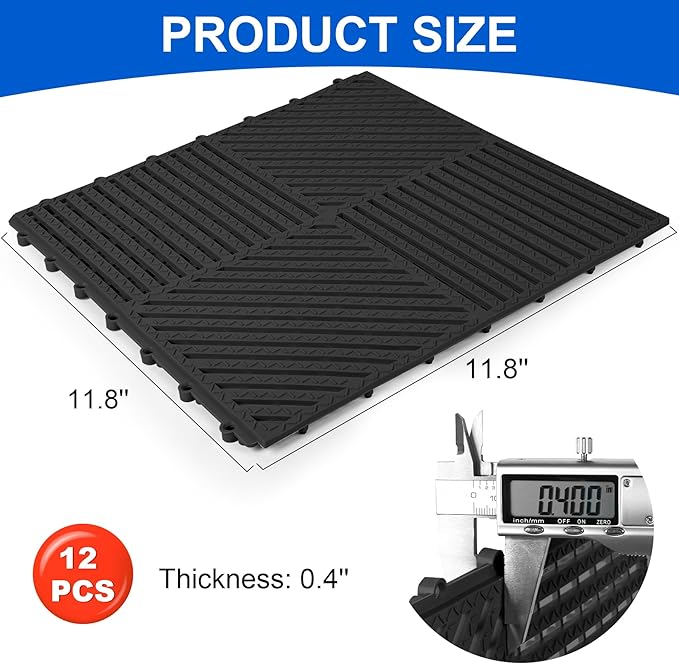 MYFAMIREA Modular Interlocking Cushion 12 Pack 11.8" x 11.8" Rubber Floor Tiles Non-Slip Splicing Drainage Mats for Deck, Pool, Shower, Patio, Balcony, Bathroom, Kitchen, Yard (Diagonal, Black) - Image 2