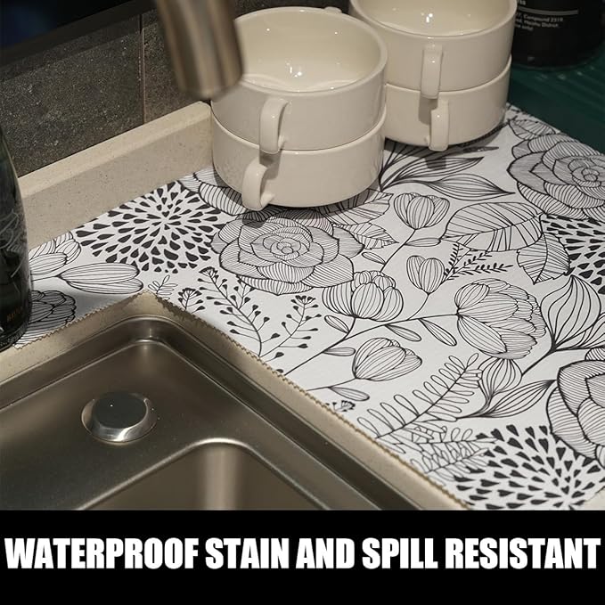 Floral Drawer and Shelf Liner for Kitchen 16IN x 10FT, Non-Adhesive and Strong Non-Slip Cabinet Drawer Liners, Waterproof Thickened Shelf Liner,Easy to Clean,Black and White - Image 7