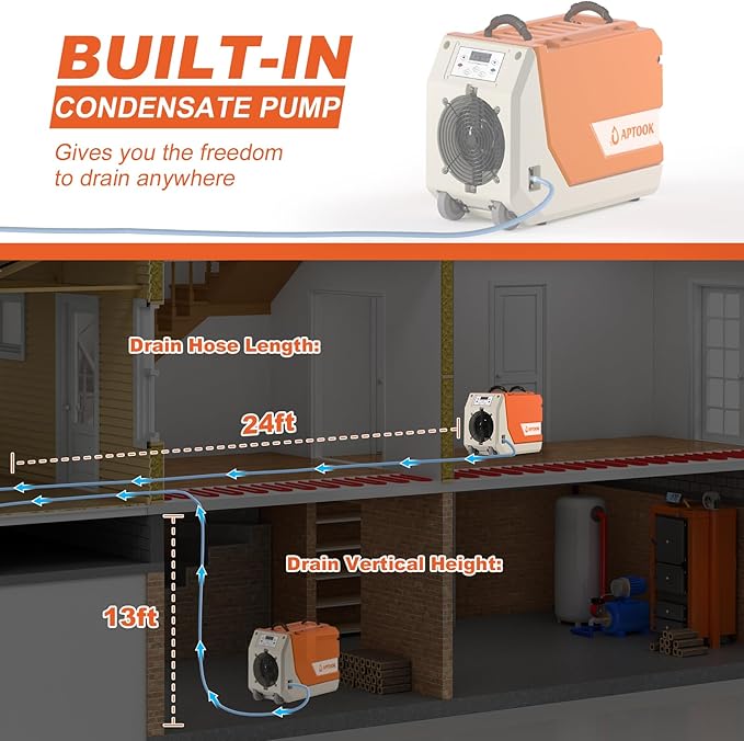 180 Pint Commercial Dehumidifier with Pump for Large Basements & Crawl Spaces, Continuous Drain Dehumidifier up to 6,000 Sq.Ft, Auto Defrost, Memory Restart, Digital Control, with Wheels - Image 6